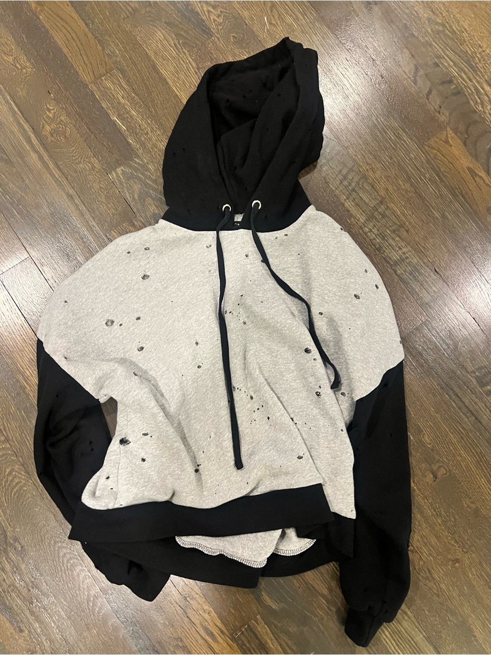 Michael Lauren Two-Tone Distressed Crewneck Hoodie in Black and Light Gray